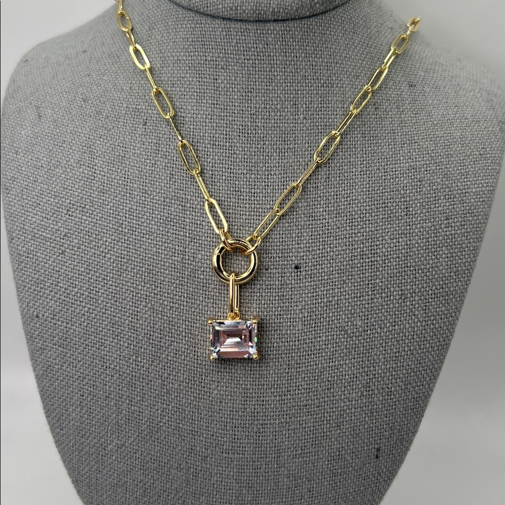 144. 18k Gold Plated over Brass Necklace with Clear Crystal Pendant 22” - Picture 1 of 3